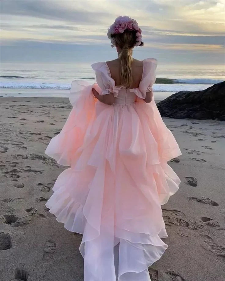 Vestido de fiesta largo con abertura y corte A, de tul multicapa, cuadrado, cuello redondo, sexy, alto bajo